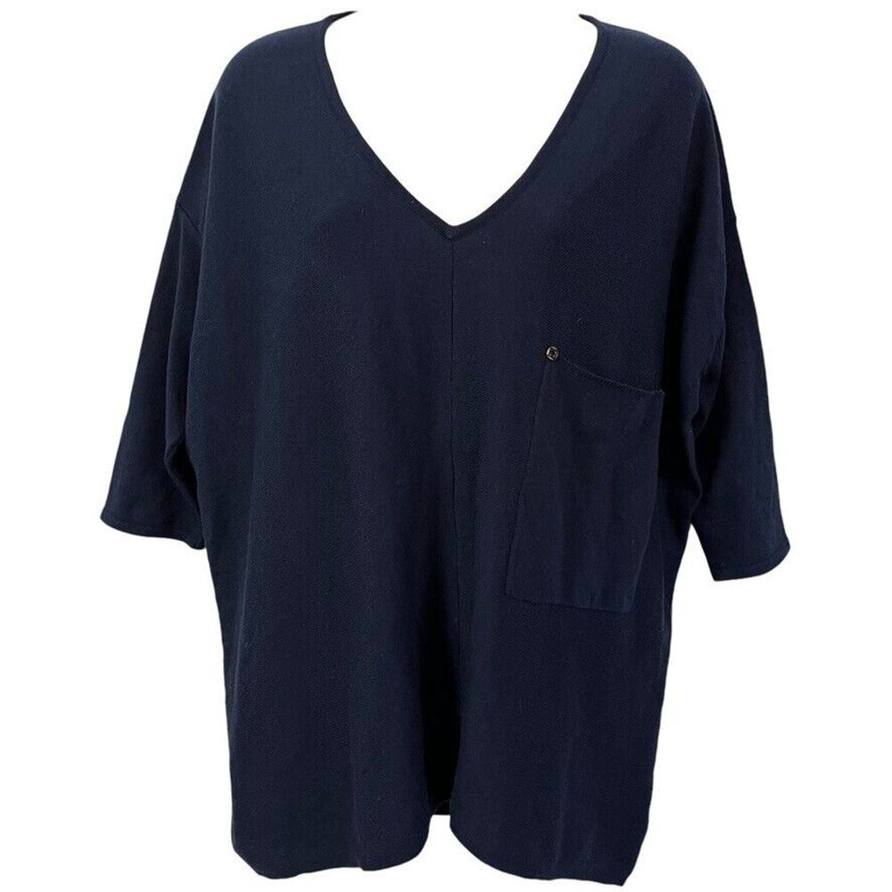 Kerisma Womens Wool Blend V-Neck Oversized Navy Blue Knit Sweater Pullover S/M